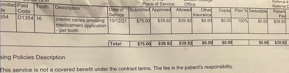 Dental insurance claim line showing a $75 charge for an interim caries-arresting medicament (silver diamine fluoride) application, listed as not a covered benefit
