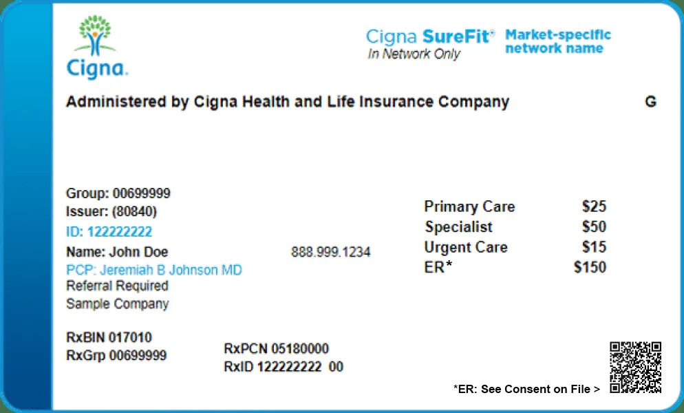 Example health-plan card carrying the Quizzify Prevent Consent as a scannable QR code