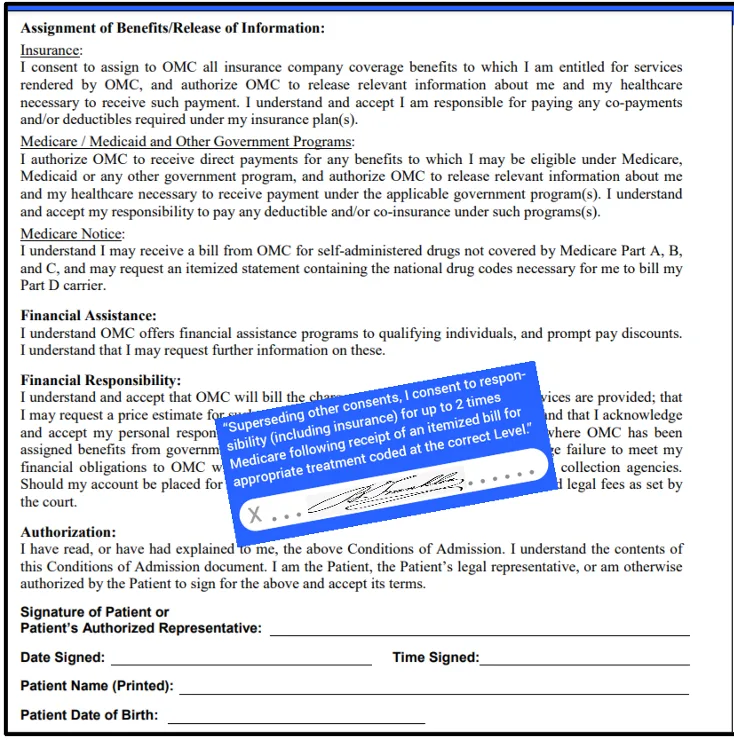 A hospital financial-consent form with the Quizzify Prevent Consent sticker pasted over it, rewriting the payment terms