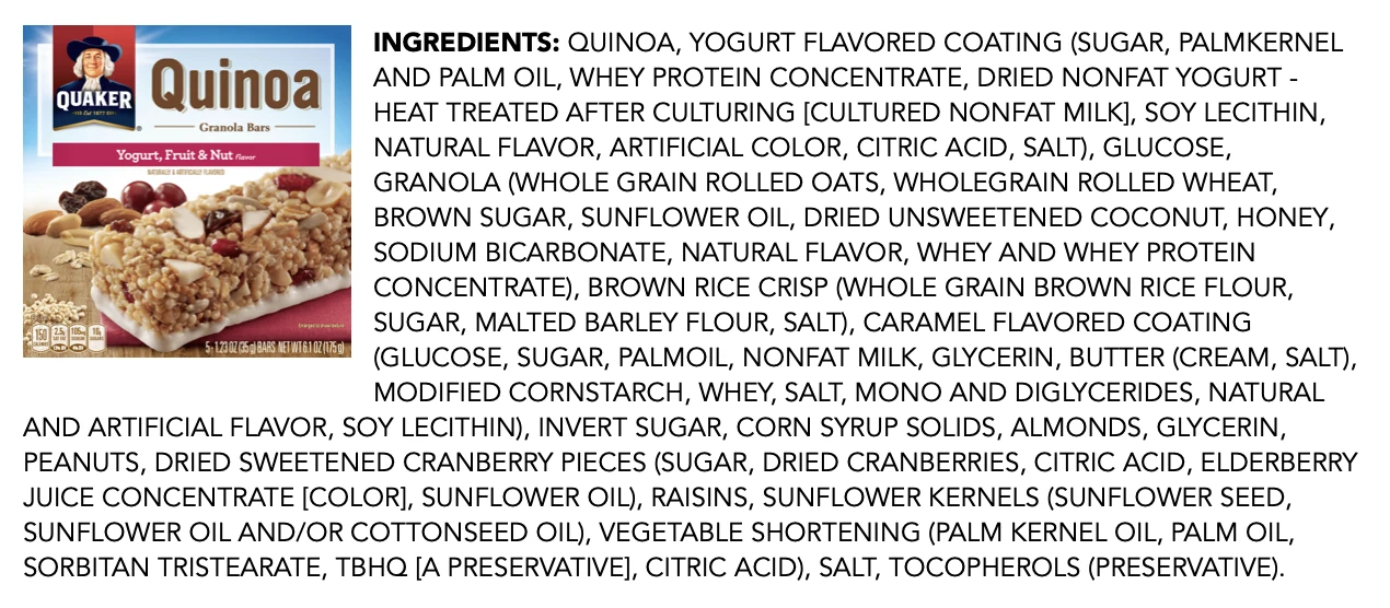Quaker Quinoa Granola Bar ingredient list — read it before guessing